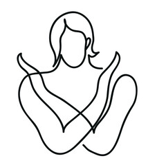 One line drawing of woman keeps two arms crossed.
One continuous line drawing of stop or ban gesture concept.
