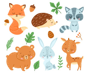 Doodle Style Flat Vector Cartoon Forest Animals Set