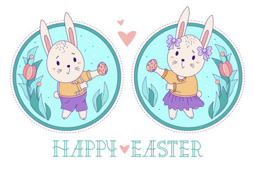 A pair of cute rabbits. Easter bunny girl with bows and in a skirt and a boy in shorts with Easter eggs on a decorative round background with a bouquet of flowers. Vector. Happy Easter greeting card