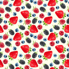 Berry  seamless pattern. Raspberry, blackberry, strawberry and blueberry.