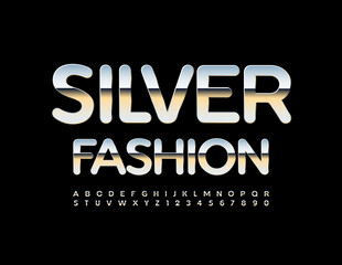 Vector glamour emblem Silver Fashion. Silver chic Font. Elegant Alphabet Letters and Numbers set