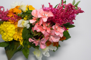 colorful flower arrangement. close-up pink and orange flowers picked from the garden
