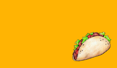 Taco mejicano ilustrado a mano con fondo de color amarillo ámbar. Fondo