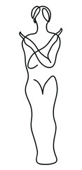 One line drawing of woman keeps two arms crossed.
One continuous line drawing of stop or ban gesture concept.