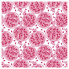 Pomegranate seamless pattern. Ripe pomegranate grains on white  background. Can be used for wallpaper, fabric, wrapping paper or decoration. Vector hand drawn illustration