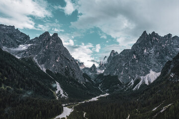 panoramic view of the Sesto Dolomites ..Drone photography.