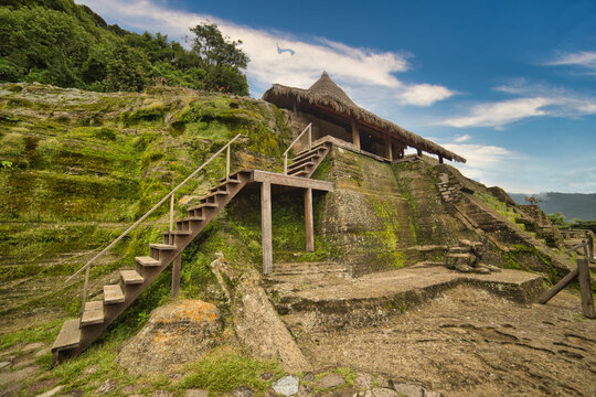 Side view of a hand-carved pyramid placed at the top of a mountain in malinalco, mexico