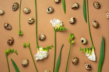 Easter concept. Quail eggs and freesia flowers on beige background. Flat lay, top view.