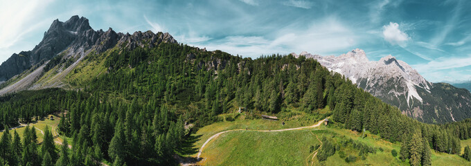 panoramic view of the Sesto Dolomites ..Drone photography. - obrazy, fototapety, plakaty