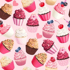Seamless vector pattern with pastel pink cupcakes