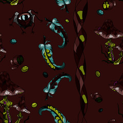 Seamless pattern magic mushroom fly agaric and scary spider on a red background