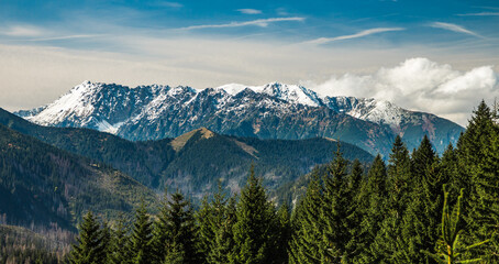 Polish Tatra mountains landscape view with now on top of the peaks in autumn