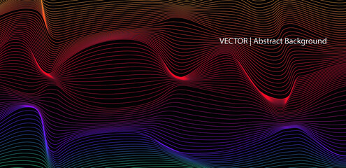 A vector of vibrant rainbow colour in an abstract swirl swoosh shape, waves of neon light effect, against a dark background