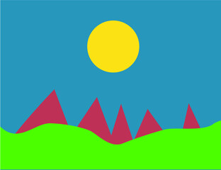 Basic illustration of a landscape with central sun zigzag mountains and green hills