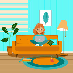 Girl with laptop at home office. Interior living room with sofa, floor lamp. Freelance and distance education concept.  Vector illustration.