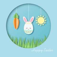 Happy Easter greeting card. Paper cut out style. Egg with rabbit ears, carrot and sun on blue background. Vector illustration. Childish banner template
