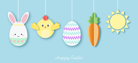 Happy Easter background. Banner in paper cut out style. Childish cute characters and symbols related to Easter. Chick, egg with rabbit ears, carrot and sun. Easter decorations. Vector illustration