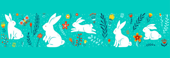 Easter seamless border vector illustration. Holiday pattern with cute white bunnies, colorful flowers, plants isolated on blue background. Simple flat style