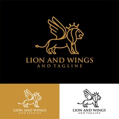 Lion with wings logo design template. Linear premium vector logotype.