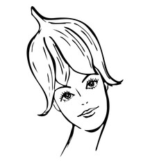 Portrait of beautiful girl with hair shaped like a bell flower. Woman with campanula flower on head. For tattoo, print, cosmetics, design. Hand drawn sketch, black line isolated on white background.