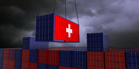 A freight container with the swiss flag hangs in front of many blue and red stacked freight containers - concept trade - import and export - 3d illustration