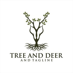 Fototapeta premium Deer Tree Leaves Forest Logo Vector icon, Deer leaf antlers logo design.