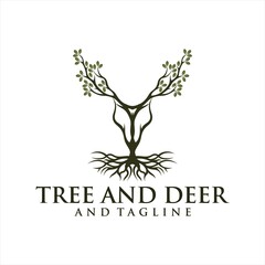 Obraz premium Deer Tree Leaves Forest Logo Vector icon, Deer leaf antlers logo design.