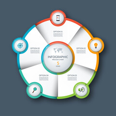 Infographic circle, process chart, cycle diagram. 5 steps. Vector template for business presentation, report, brochure.