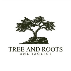 Obraz premium Oak tree logo illustration. Vector silhouette of a tree, Root Of The Tree logo illustration. Vector silhouette of a tree.