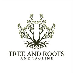 Obraz premium Oak tree logo illustration. Vector silhouette of a tree, Root Of The Tree logo illustration. Vector silhouette of a tree.