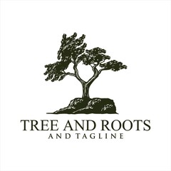 Obraz premium Oak tree logo illustration. Vector silhouette of a tree, Root Of The Tree logo illustration. Vector silhouette of a tree.