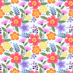 Colorful flowers on a light blue color seamless pattern for fabric textile background.