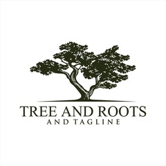 Obraz premium Oak tree logo illustration. Vector silhouette of a tree, Root Of The Tree logo illustration. Vector silhouette of a tree.