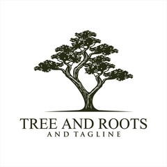Obraz premium Oak tree logo illustration. Vector silhouette of a tree, Root Of The Tree logo illustration. Vector silhouette of a tree.