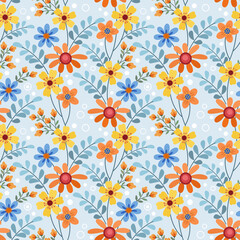 Colorful flowers on a light blue color seamless pattern for fabric textile background.
