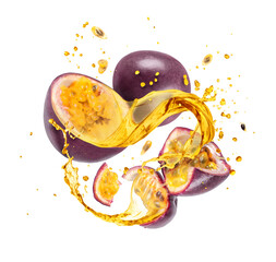 Whole and sliced passion fruit with splashes of juice, isolated on a white background © Krafla