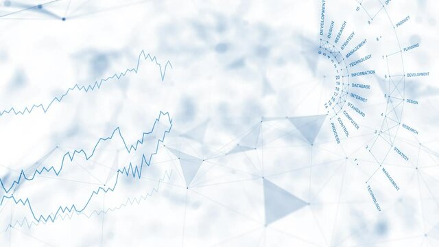 Artistic financial business chart with diagrams, graphs and stock numbers on white background.