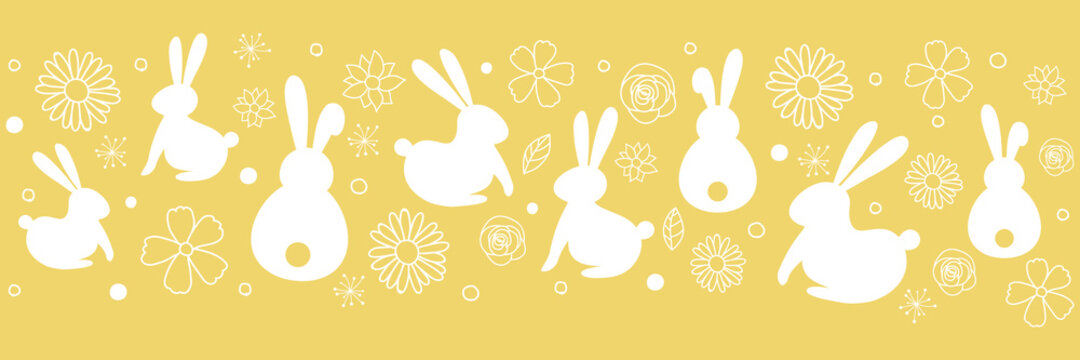 Concept of Easter header with hand drawn bunnies and flowers. Vector