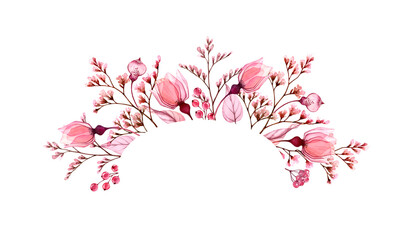 Watercolor floral banner. Oval frame for text. Transparent rose flowers and leaves and berries. Abstract background for logo. Isolated hand drawn illustration for wedding invitation 