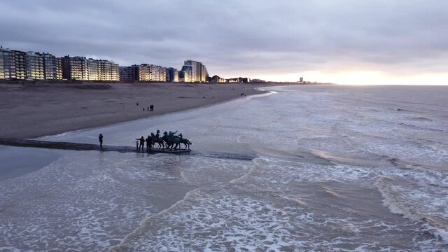 Nieuwpoort Beach During Sunset, Beaufort Horses Statue in Waves AERIAL