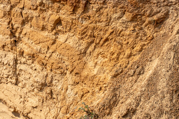 The steep slope of a sand mining quarry. Background and texture of sand. soil layers on a plot of the cut of the soil during a geological survey.