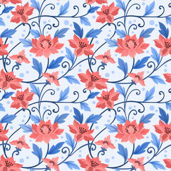 Ornament small red flowers and blue leaves on a light blue color seamless pattern for fabric textile background.