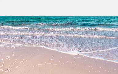 Seascape with Turquoise-colored Water, Swimming Ducks, and White Wave on Soft Pink Sand Beach