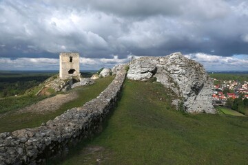 Beautiful landscape with Olsztyn fortress on trail of the Eagles' Nests in the Krakow-Czestochowa Jura, Poland