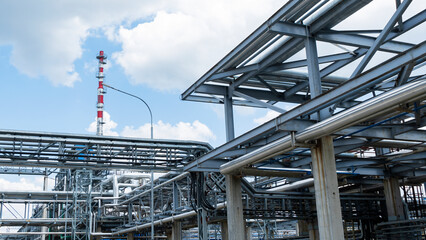 Refinery and storage facilities of oil and petroleum products. Oil products reservoirs. Petrochemical industry concept.