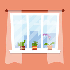 A window in a room with flowers on the windowsill in cartoon style. Vector illustration with a bright wall and a window with tulle. Home flowers: cactus, aloe and orchid