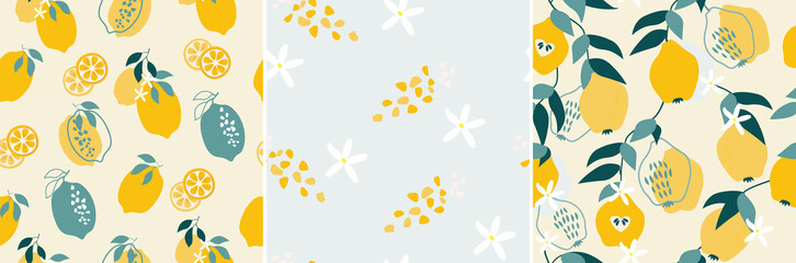 A set of artistic seamless patterns with abstract flowers, shapes, leaves, pear, lemons in yellow and blue. Vector illustration.