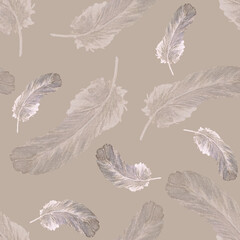A pattern with feathers of different sizes on a beige background.