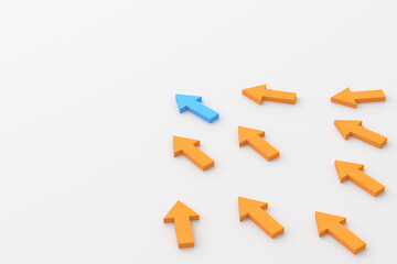 Leadership concept, blue leader arrow leading orange. 3D Rendering