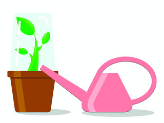 Obraz premium Vector graphics - a green sprout with three leaves on a stem in a brown container under a transparent greenhouse cap and pink watering can close-up. Concept-growing and caring for seedlings in spring